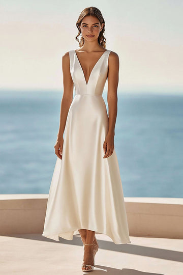 Ivory Satin V-Neck A Line Graduation Dress